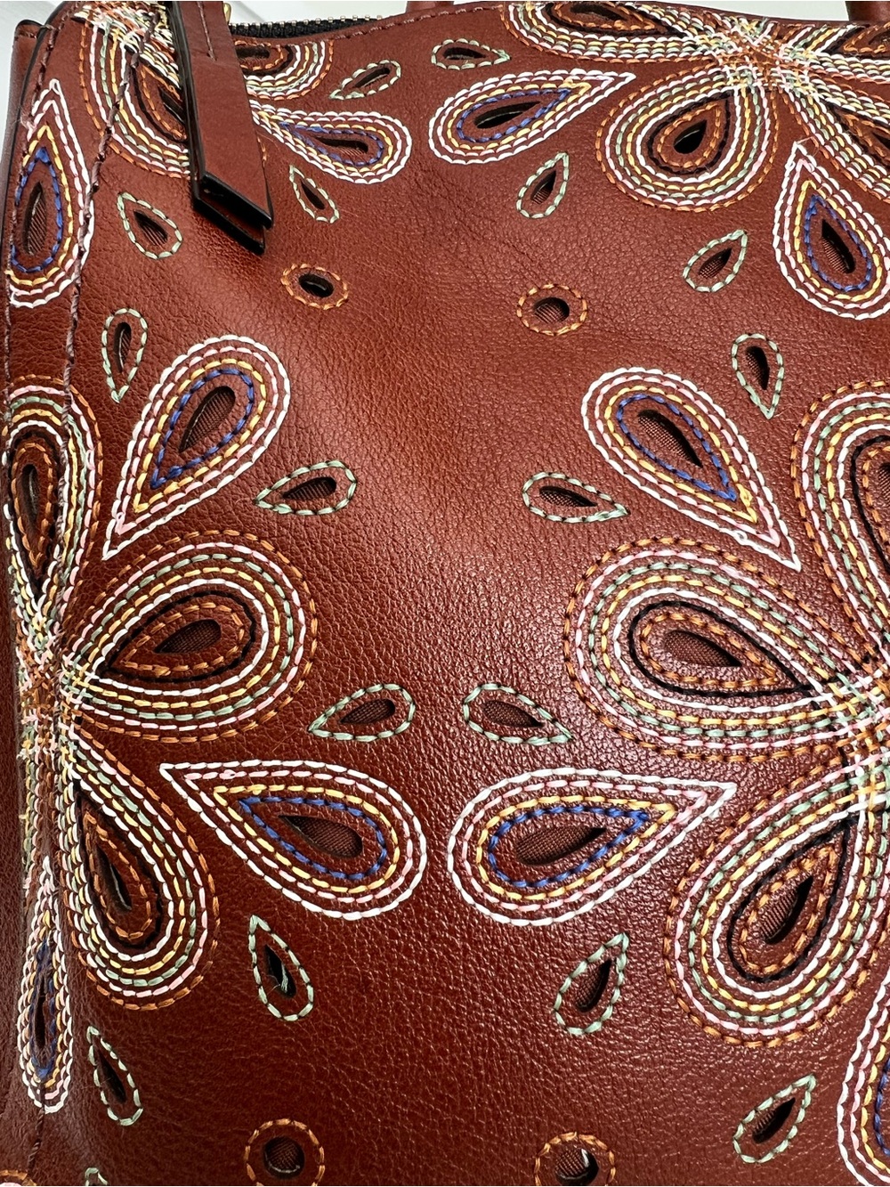 Fossil Brown Leather Satchel with Multicolor Embroidered Florals - Picture 2 of 13